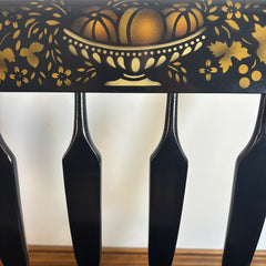 Nichols and Stone Brand, Commemorating America's Bicentennial, Spindle Back Wood Bench, Black Painted Finish with Gold Accented Fruit and Leaf Motif, Sku 033769