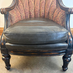 Pair of Vanguard Leather & Paisley Fabric Club Chairs w/ Nailhead Detail & Ebonized Finish, Sku 033715