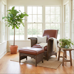 Restoration Hardware Deck Chair, Ottoman Set in Brown Wicker, Leather Cushions Adjustable, Sku: 033779
