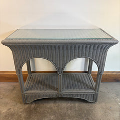 Double Arch Design Wicker Console Table or Bar Cart on Casters w/ Gray Painted Finish, Sku 033796