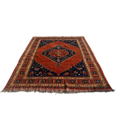 Hand Knotted Wool Rug, Origin Unknown, Rust and Navy, Central Diamond, Sku 033463