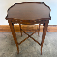 Pair of Vintage English Wood Tea Tables Scalloped Top, X Base, Tall Slender Legs, Sku: 033650