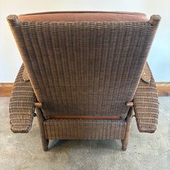 Restoration Hardware Deck Chair and Ottoman Dark Brown Wicker and Wood Arm Rests Cognac Leather Cushions Adjustable Pegs for Desired Reclining Position