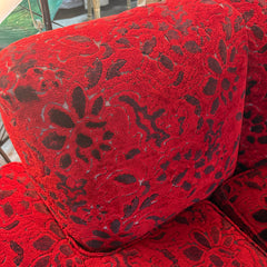 Vintage Sculpted Velvet Black & Red Floral Pattern Two-Piece Sectional Serpentine Shape, Turned Feet, Sku 033667