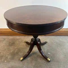 Mersman Quad Leg Pedestal Table with 1 Drawer, Book Matched Veneer & Feet Featuring Brass Caps, Sku 033802