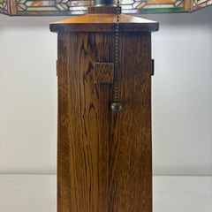 Square Mission Style Table Lamp Oak Base and Stained Glass Shade, Sku 033839