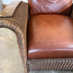Restoration Hardware Deck Chair and Ottoman Dark Brown Wicker and Wood Arm Rests Cognac Leather Cushions Adjustable Pegs for Desired Reclining Position