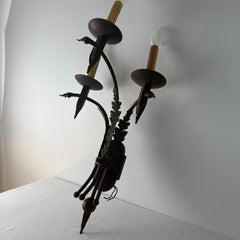 Pair of Three-Arm Wall Sconces Acanthus Leaf Detail, Rust Like Patina, Sku: 033332