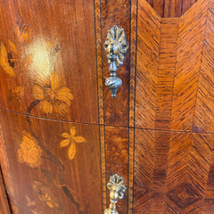 Antique Bowed Front Chest of Drawers w/ Marble Top & Intricate Marquetry Detail, Sku 034055