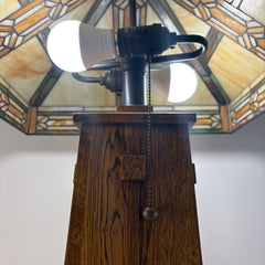 Square Mission Style Table Lamp Oak Base and Stained Glass Shade, Sku 033839