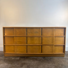Vintage Heywood Wakefield Sculptura 9 Drawer Dresser Solid Birch in Wheat Finish, Sku 033897