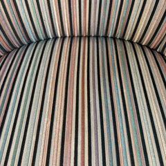 Pair of Vintage Casa Bique Neo Classical Style Arm Chairs, Cut Velvet Striped Upholstery Black, Beige, Blush, Aqua, Scrolled Arm Detail, Sku: 033475