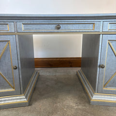 Double Pedestal Desk 3 Top Drawers with 2 Lower Cabinets Soft Silver Finish with Pale Gold Trim, Sku 033625