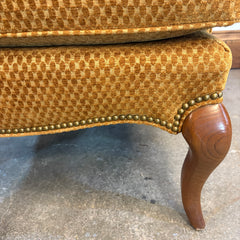 Pearson Wingback Chair, Cognac Oval Patterned Chenille, Nail Head Detail, Queen Anne Style Legs