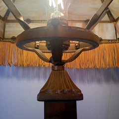 Art Deco Stained Glass and Brass Table Lamp, Square Shade, Gold Tassel Fringe, Sku 033456