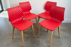 Set of 4 Metalmobil Dining Chairs, Molded Red Shell, Diamond Pattern on Maple Leg Structure, Sku 033835