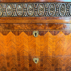 Antique Bowed Front Chest of Drawers w/ Marble Top & Intricate Marquetry Detail, Sku 034055