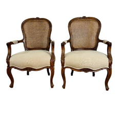 Pair of Carved Oval Cane Back Armchairs, Brown, Beige