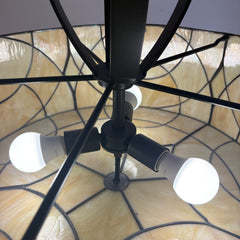 Contemporary Stained Glass Pendant with 3 Sockets, Pale Yellow Swirl Glass, Oil Rubbed Bronze Elliptical Down Rod Support, Sku 033760