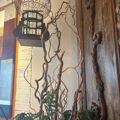 Metal Floor Vase, Antique Brass Finish, Filled with Faux Evergreens and Curly Willow Branches, Sku 033469