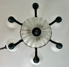 Corbett Chandelier, Six Arm, Bronze and Copper Frame, Frosted Glass Shades, Sku: 032980