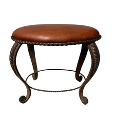 Ornate Oval Leather Top Foot Stool, Iron Base