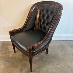 Hancock and Moore Black Leather Armchair Tufted Back Elaborate Wood Frame with Interlocked Coin Design, Sku 034126