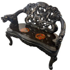 Vintage Japanese Carved Wood, Lacquer Finish Settee, Hand Painted Dragon Motif, Meiji Period, Sku: 033518