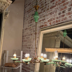 Vintage Chandelier, Italian Murano Glass and Vintage Brass Frame  Six Light, Green Glass, Sku 033039