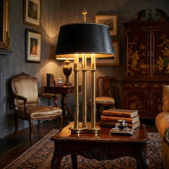 Stiffel French Style Bouillotte Lamp Three Sockets Black Hardback Shade has Reptile Texture and the Interior is Gold Foil, Sku 034147