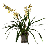 Floral Silk Arrangement of Two Yellow Orchids in Gray Composite Plaster Vase, New