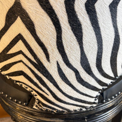 Set of Three Ferguson Copeland Swivel Barstools, Black Leather Cushions, Printed Zebra Cowhide on Back, Sku 033700