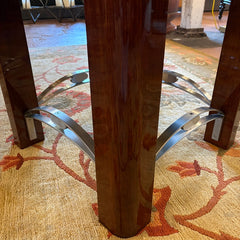 Excelsior Designs Italian Dining Set Consisting of Round Table with 4 Radiant Leaves and 8 Side Chairs. All Constructed in Hard Wood. Chair Upholstery is a Soft Black Textured Fabric. Sku 034039