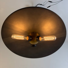 "BZ" Metal Pan Head Pendant Fixture with Three Sockets Finish is Gunmetal and Antique Brass, Sku 034117