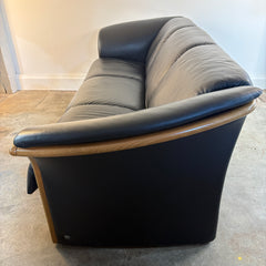 Ekornes Black Leather Sofa, Teak Wood Trim, Attached Seat Cushions, Sku 034106