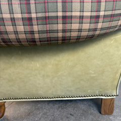 Great Western Brand Armchair Ottoman Set, Pale Green Leather, Plaid Upholstery, Sku: 033674