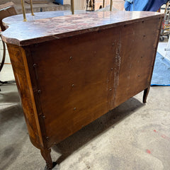 Antique Bowed Front Chest of Drawers w/ Marble Top & Intricate Marquetry Detail, Sku 034055