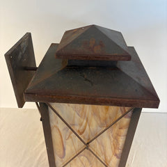 Custom Exterior Lantern Sconce w/ Colored Glass & Twisted Metal Detail, Sku 033858
