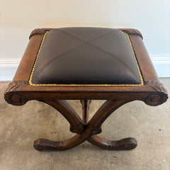 Mahogany & Leather Footstool w/ Nailhead Trim, Sku 033845