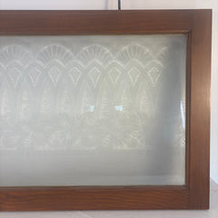 Antique Etched Glass Window Framed in New Wood w/ Hand Forged Mounting Hooks, Sku 033976