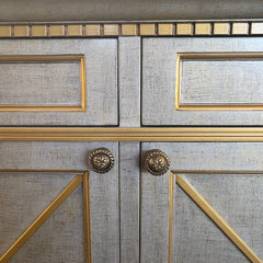 Credenza, Three Lower Cabinets, 3 Top Drawers Finish inSoft Silver, Pale Gold Trim, Sku: 033622