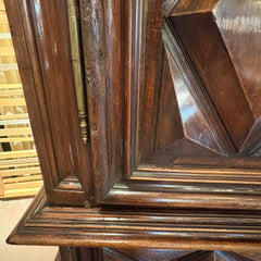 Extra Large Antique Wardrobe Cabinet, Wood Species is Unknown, Large Crown, Large Lower Drawer, 2 Doors Reveal Open Cavity, Carved Diamond Motif, Sku 033509
