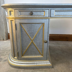 Double Pedestal Desk 3 Top Drawers with 2 Lower Cabinets Soft Silver Finish with Pale Gold Trim, Sku 033625