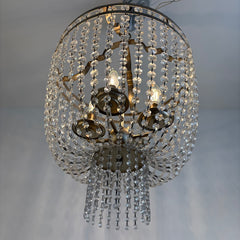 Ethan Allen Basket Chandelier in Silvertone Structure w/ Linked Crystal Coins, Sku 034013