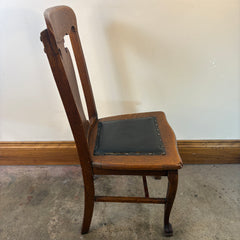 Antique Oak Side Chair, Black Leather Seat Cushion, Claw Feet, Urn Style Back Rest, Sku: 033528