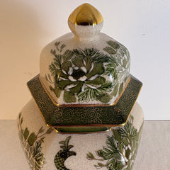 Japanese Kutani Ginger Jar Green and Cream Crackle Glaze with Hand Painted Peacock and Floral Motif, PLEASE NOTE CHIP AND INTERIOR REPAIR, Sku: 033917