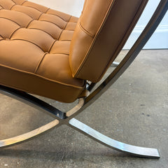 Barcelona Chair Designed by Mies van der Rohe in 1929 Polished Chrome Crisscross Base and New Hand Stitched Welted Carmel Brown Leather Squares, Sku 034141