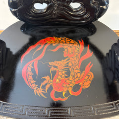 Vintage Japanese Carved Wood, Lacquer Finish Arm Chair, Hand Painted Dragon Motif, Meiji Period, Sku 033517