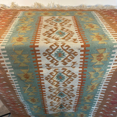 Kilim, Wool in Terracotta, Cream, Aqua, Sea Foam Green, Medium Size, Sku: 033438