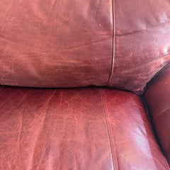 Stanford Leather Sofa in Rustic Oxblood Color Rolled Arms on a Plinth Style Base Sku 033888